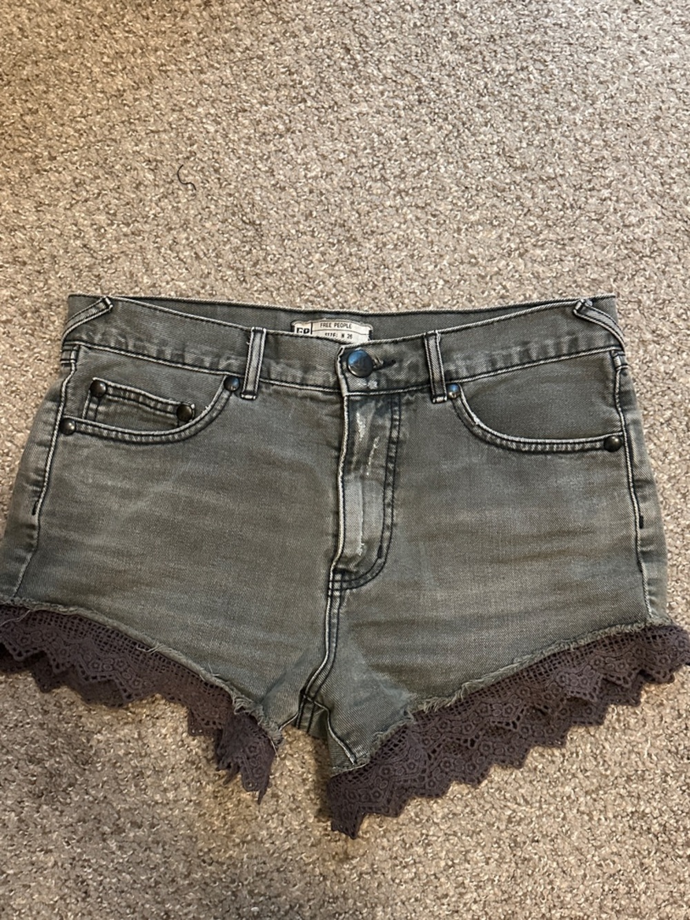 Free People Gray Denim Shorts with Lace Trim